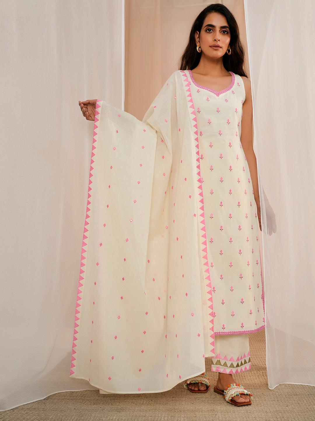 Off White Embroidered Cotton Straight Suit With Dupatta - Libas 