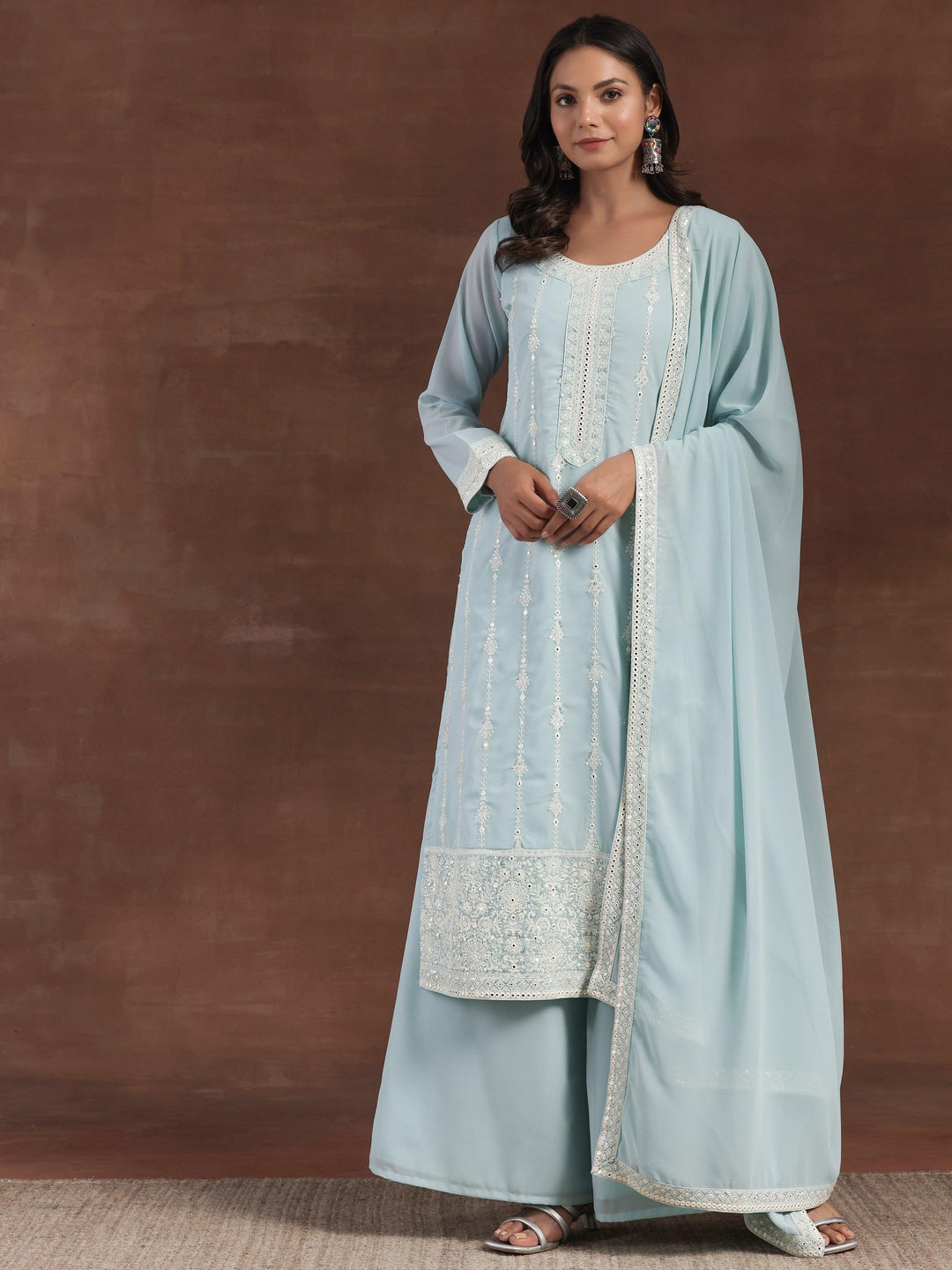 Blue Embroidered Georgette Straight Suit With Dupatta - Libas