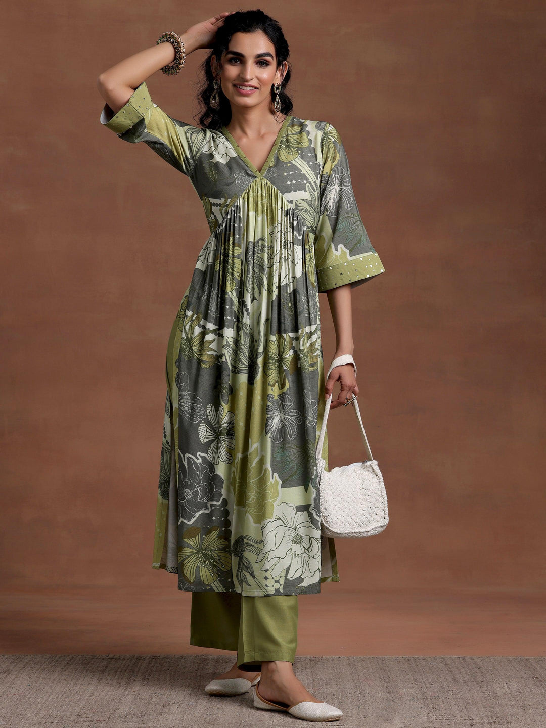 Green Printed Rayon A-Line Kurta With Trousers - Libas 