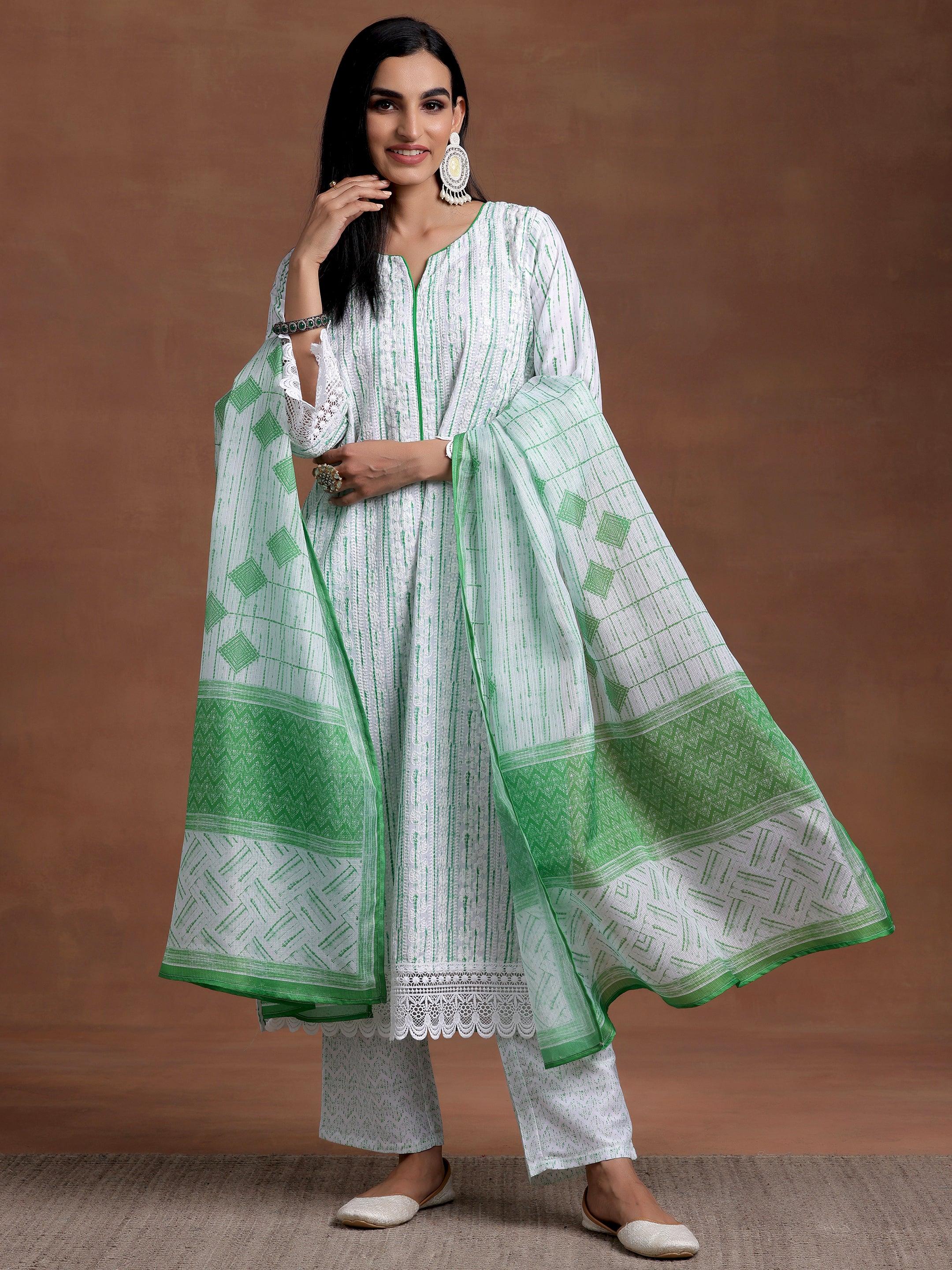 Off White Embroidered Cotton Blend Straight Suit With Dupatta