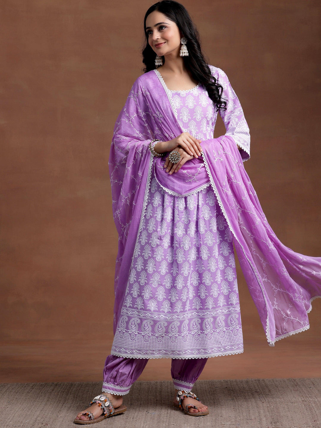 Purple Embroidered Cotton A-Line Kurta With Salwar & Dupatta - Libas