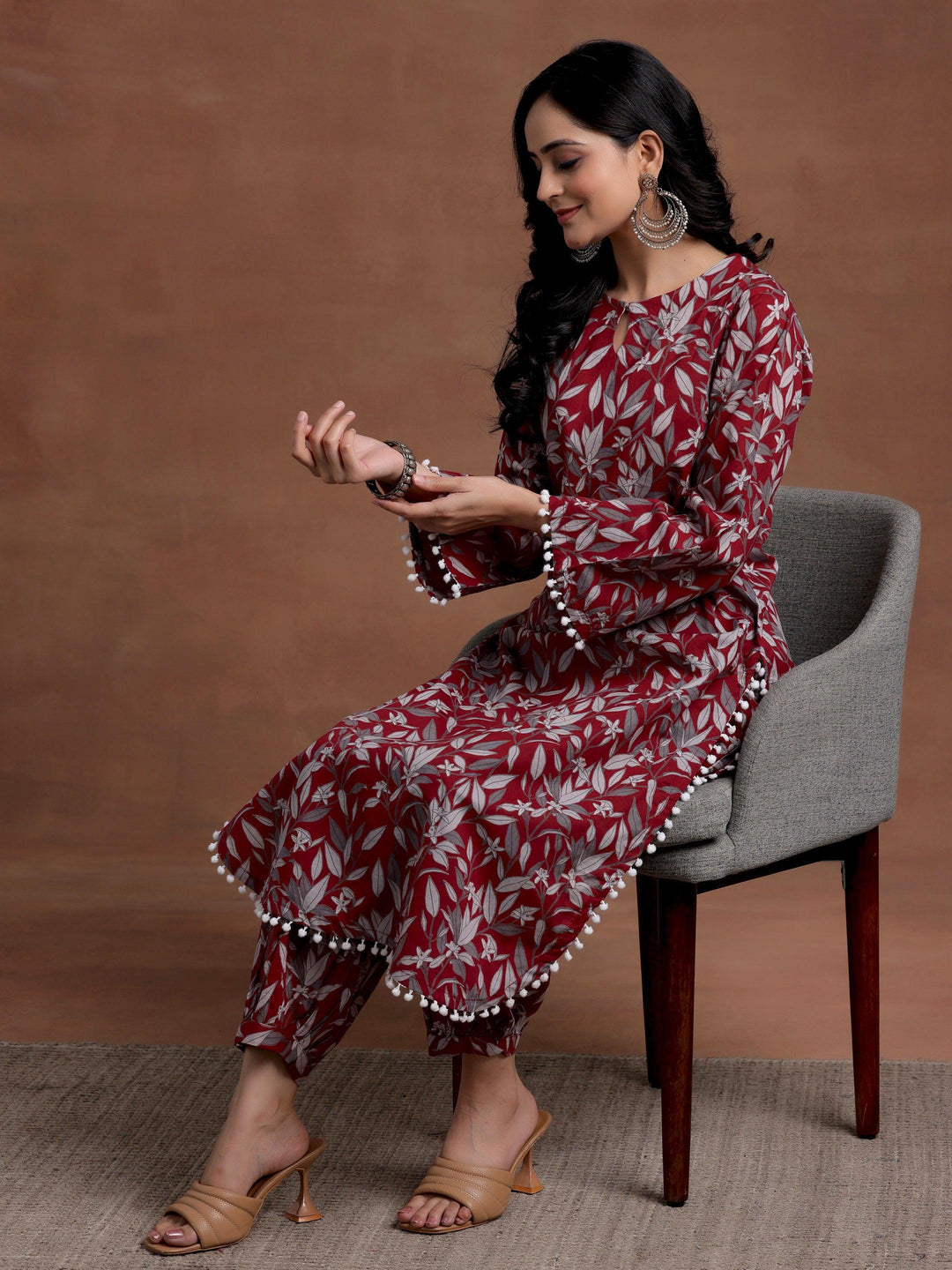 Rust Printed Cotton Pathani Kurta Set - Libas 