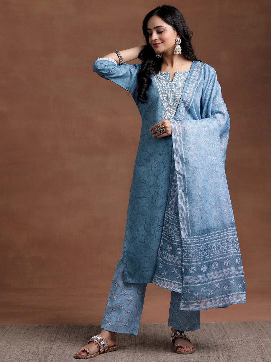 Blue Yoke Design Cotton Straight Suit With Dupatta - Libas