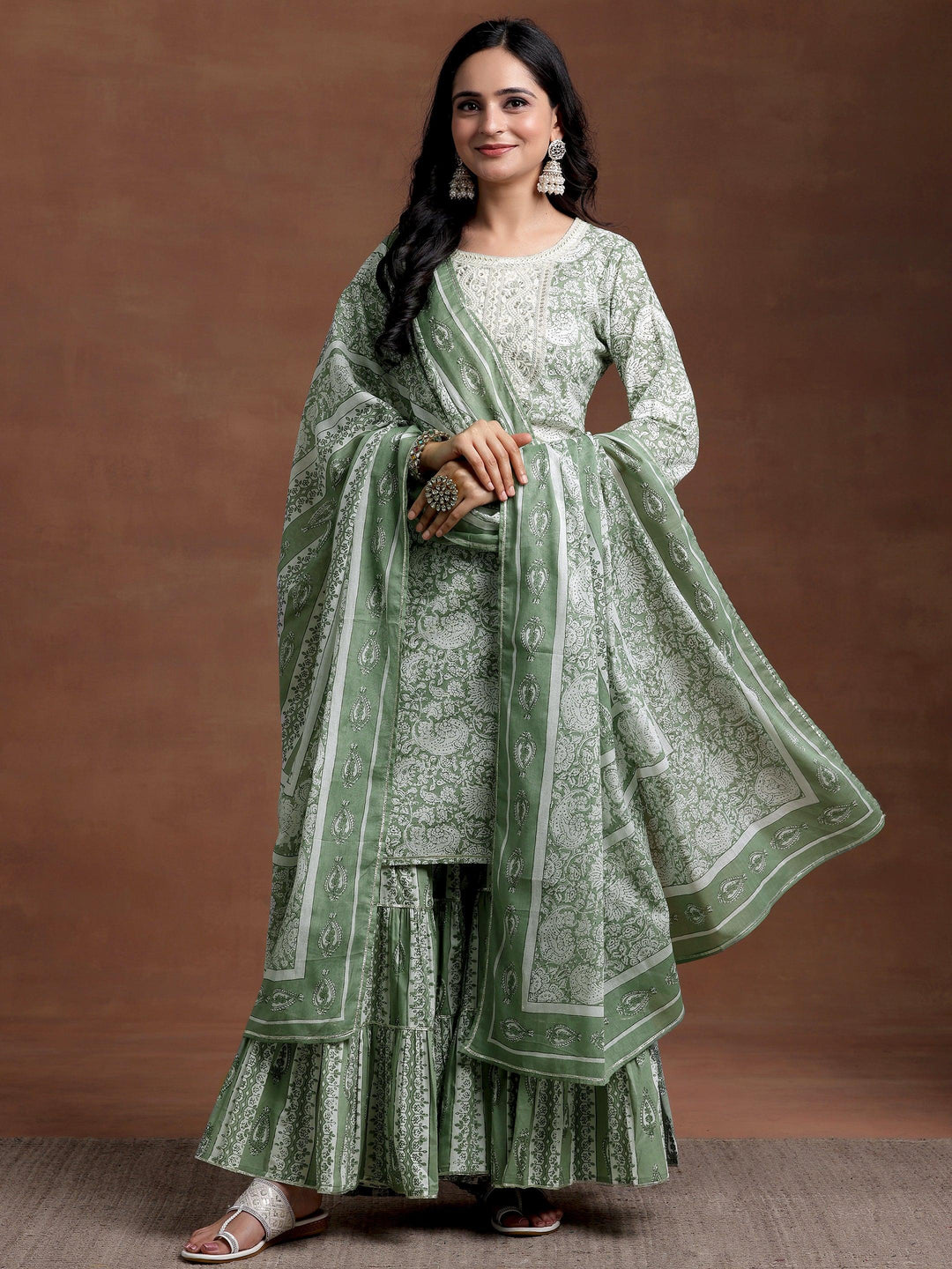 Green Yoke Design Cotton Straight Suit With Dupatta - Libas