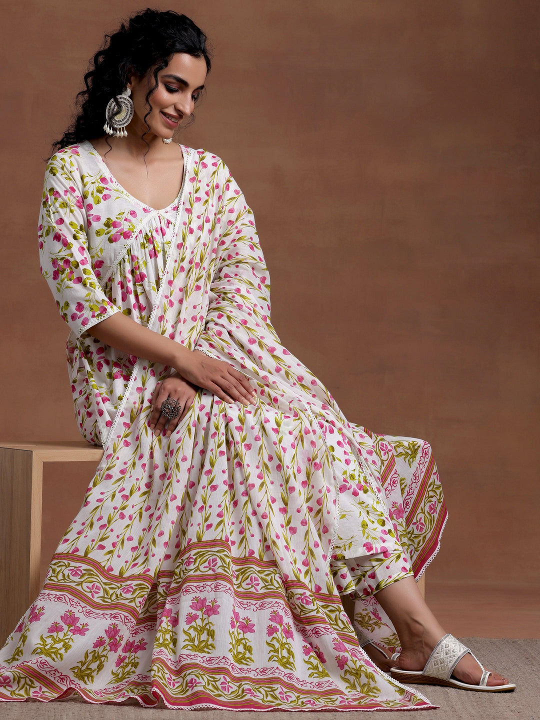 Off White Printed Cotton A-Line Kurta With Palazzos & Dupatta - Libas