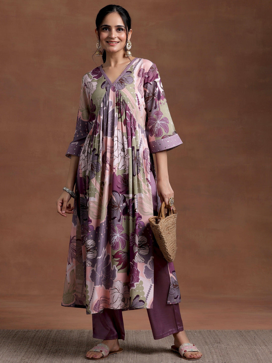 Mauve Printed Rayon A-Line Kurta With Trousers - Libas 