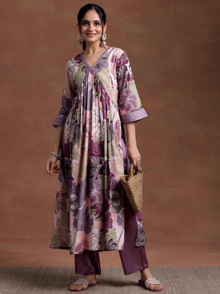 Mauve Printed Rayon A-Line Kurta With Trousers - Libas