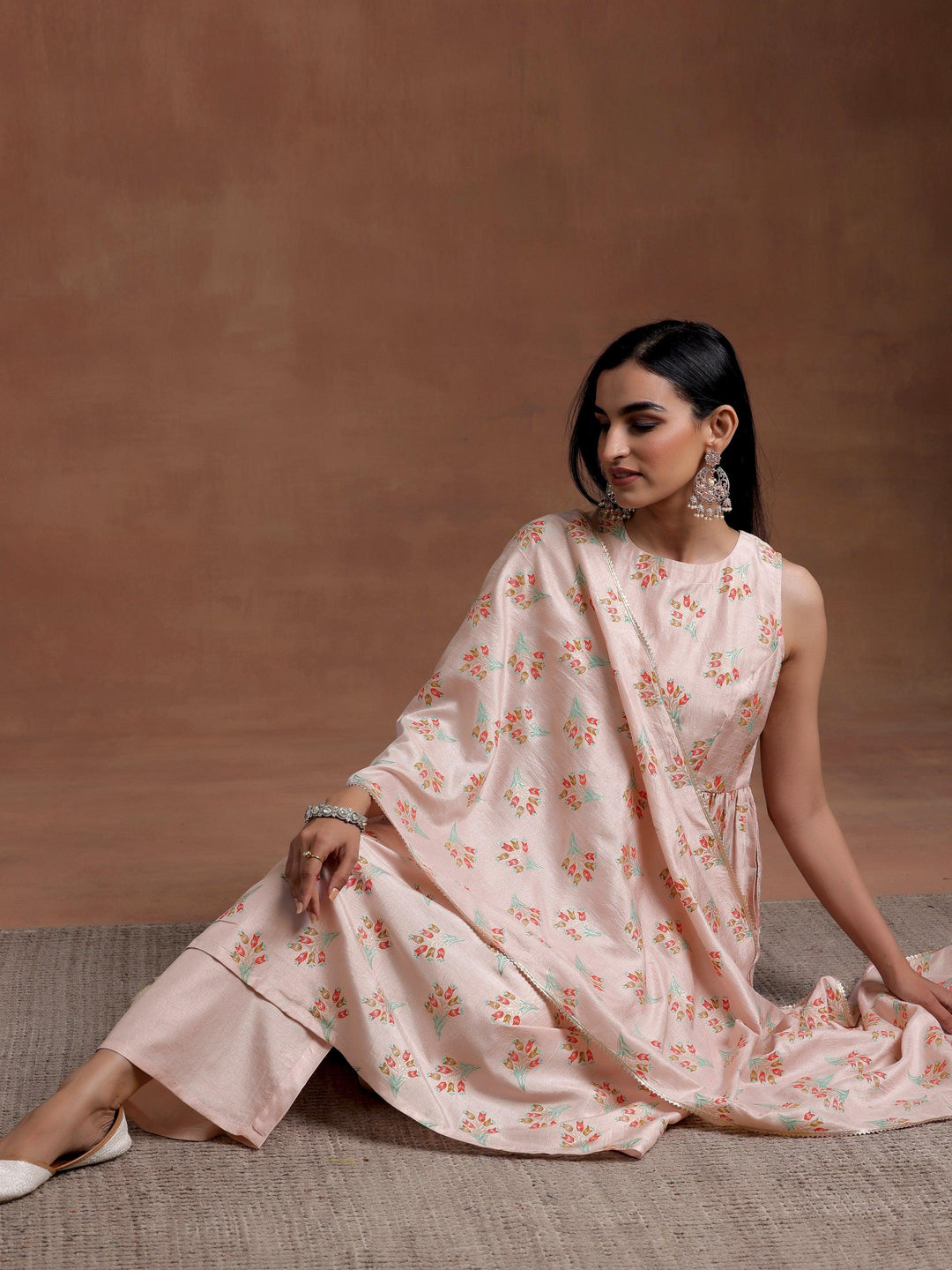 Powder Pink Printed Silk Blend A-Line Kurta With Palazzos & Dupatta - Libas