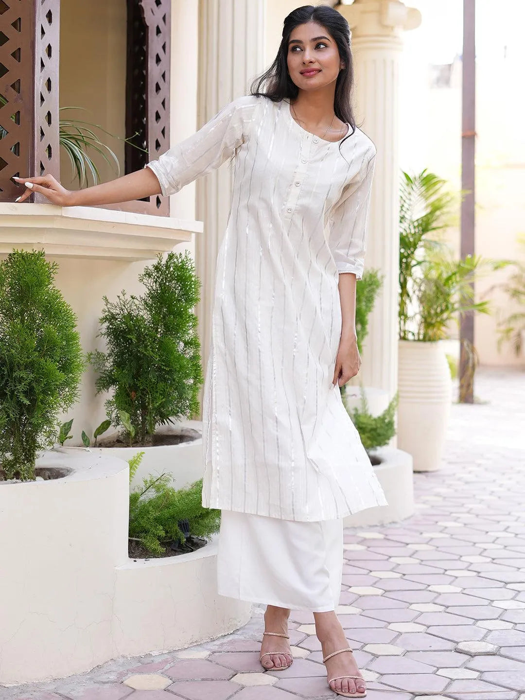 White Woven Design Cotton Kurta - Libas