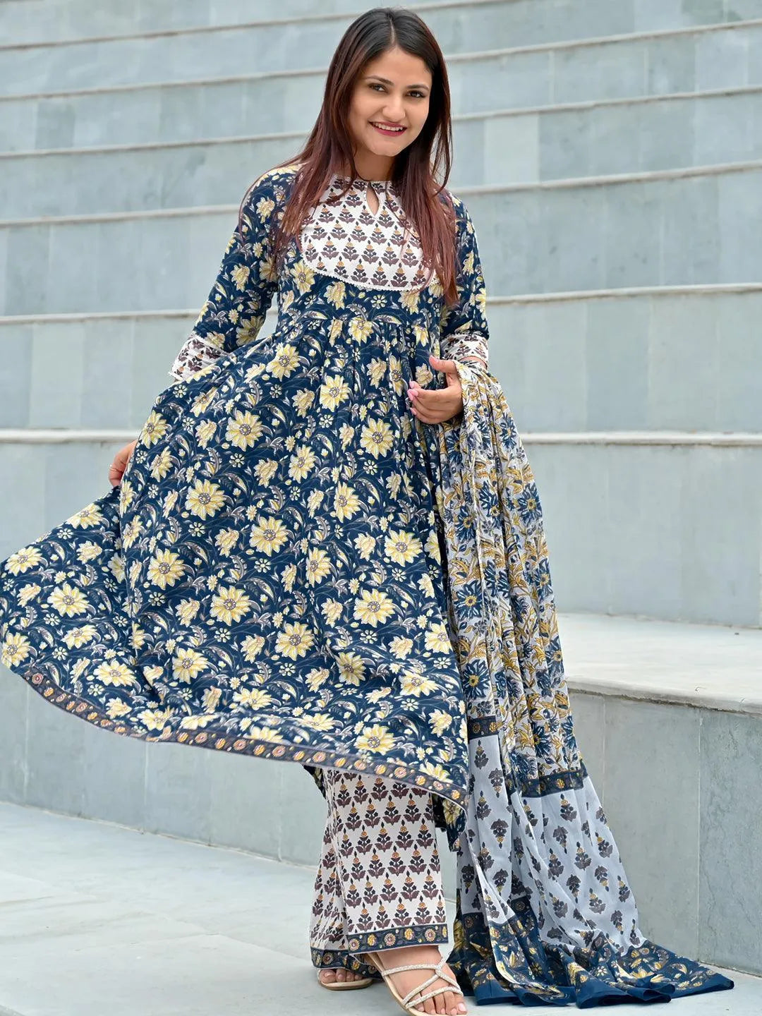 Blue Printed Cotton Anarkali Kurta With Palazzos & Dupatta - Libas 