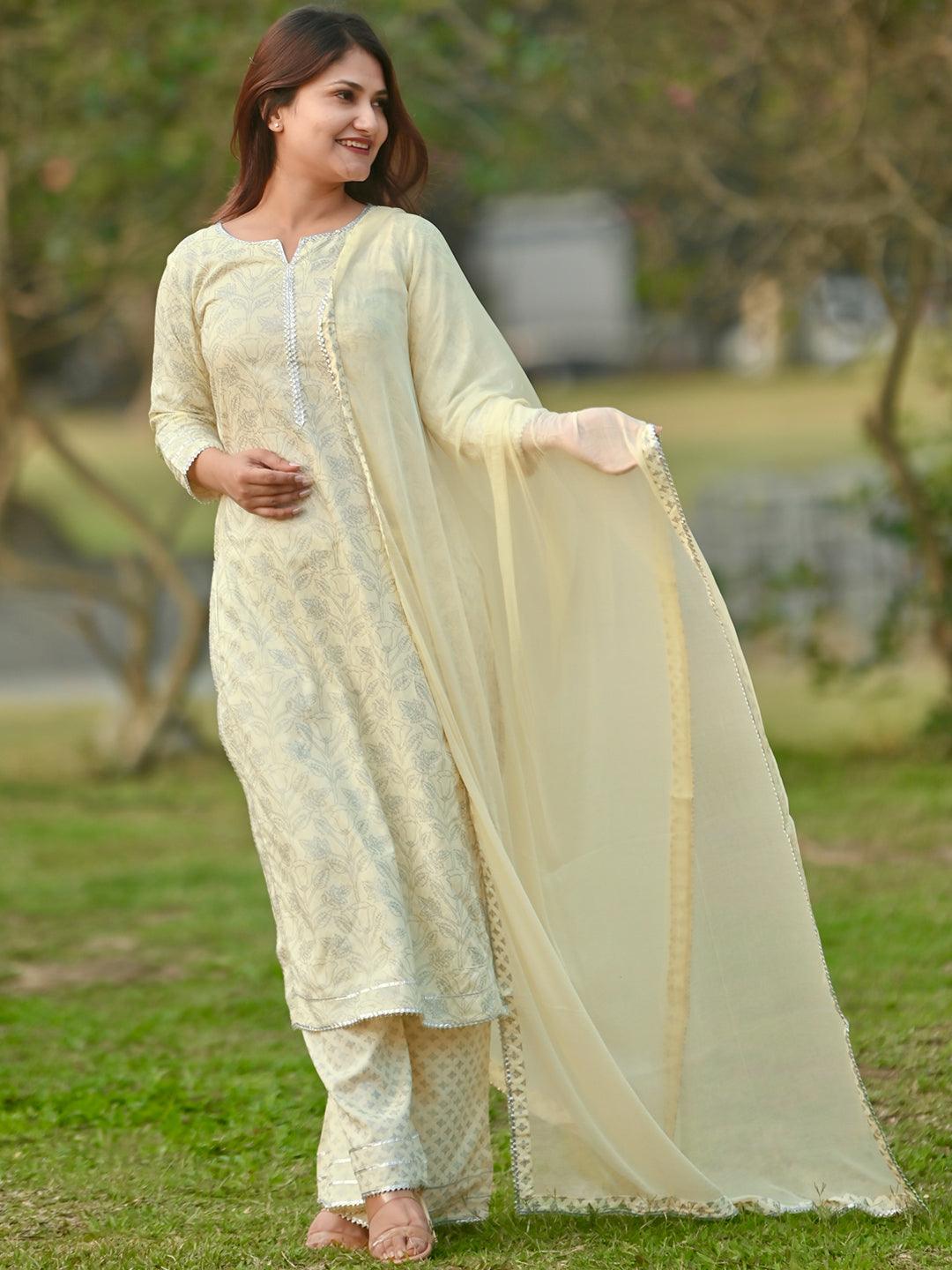 Yellow Printed Cotton Straight Kurta With Palazzos & Dupatta - Libas