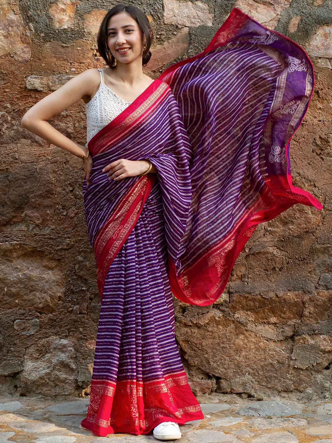 Purple Printed Georgette Saree - Libas 