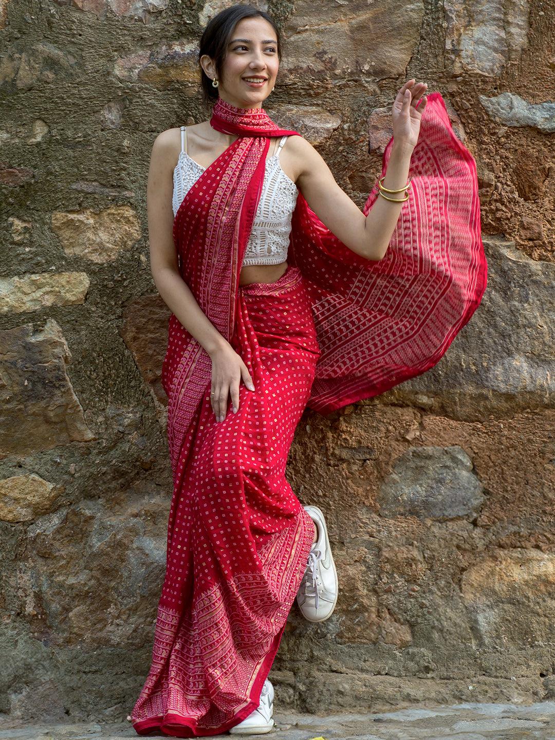 Pink Printed Georgette Saree - Libas 