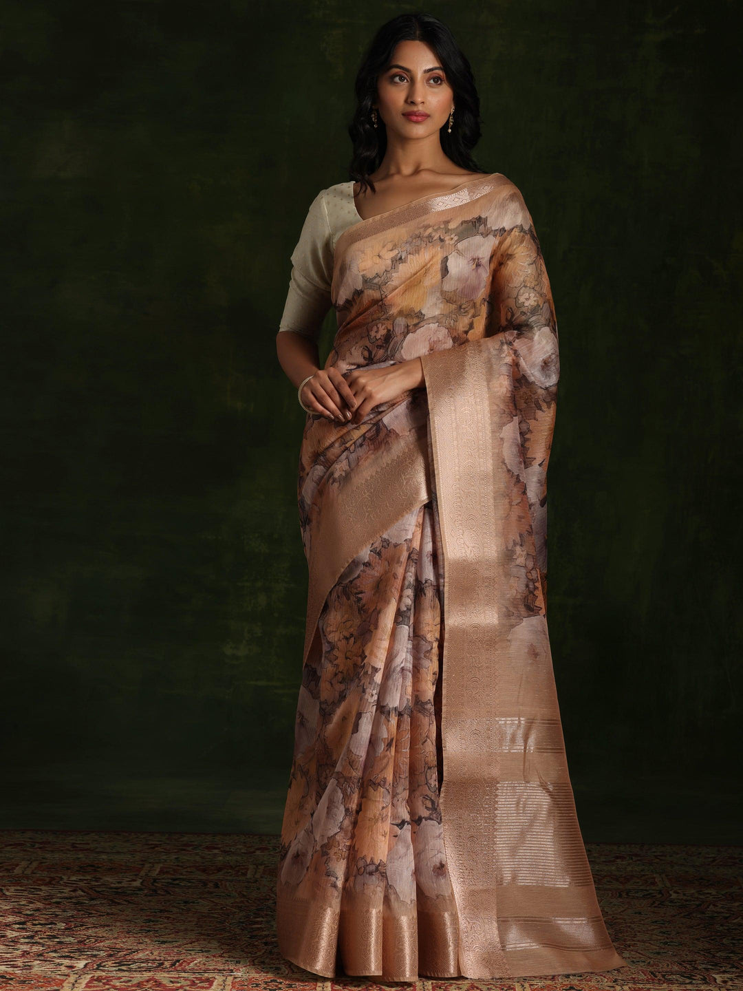 Golden Printed Silk Blend Saree With Unstitched Blouse Piece - Libas