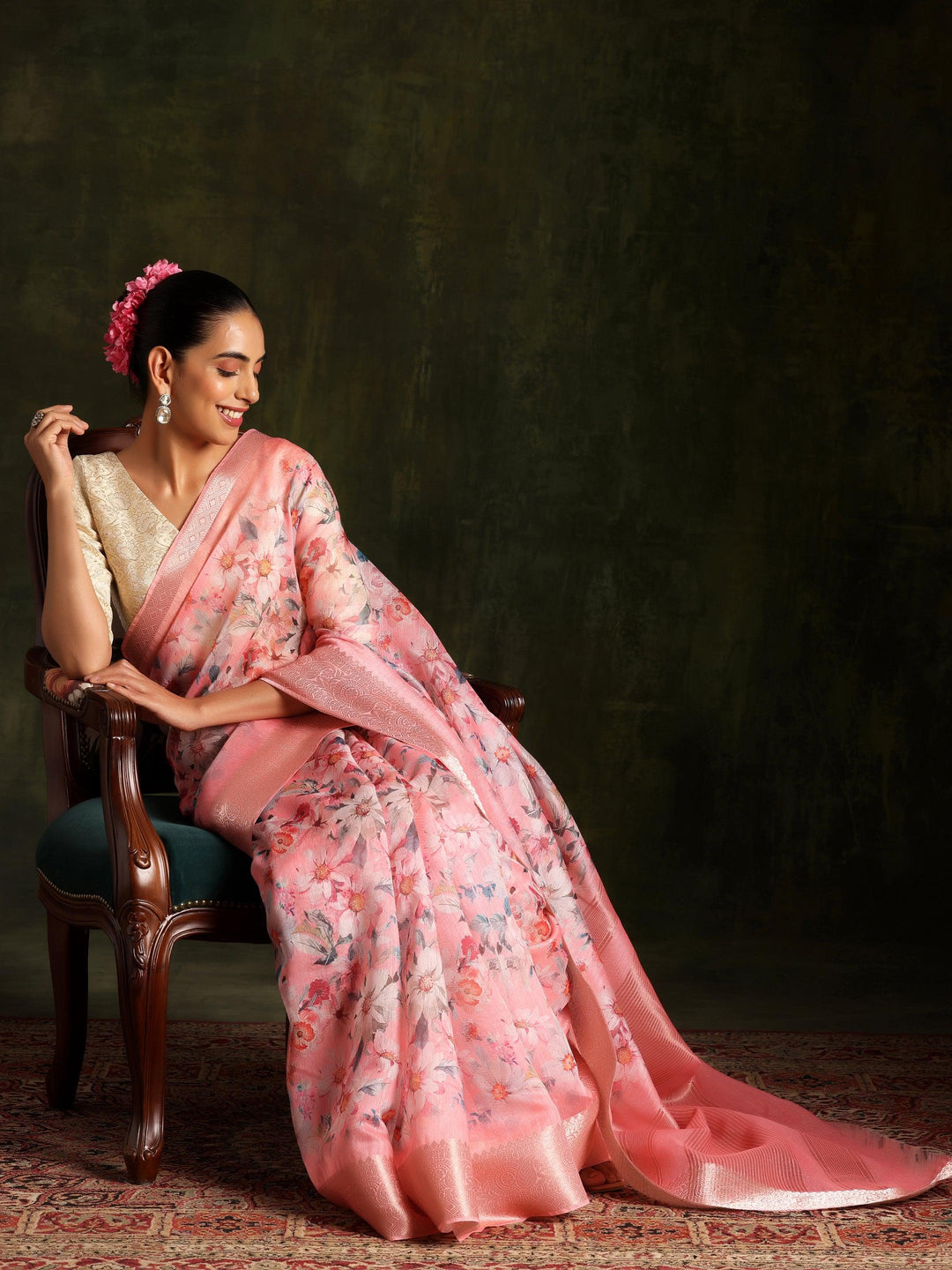 Pink Printed Silk Blend Saree With Unstitched Blouse Piece - Libas 