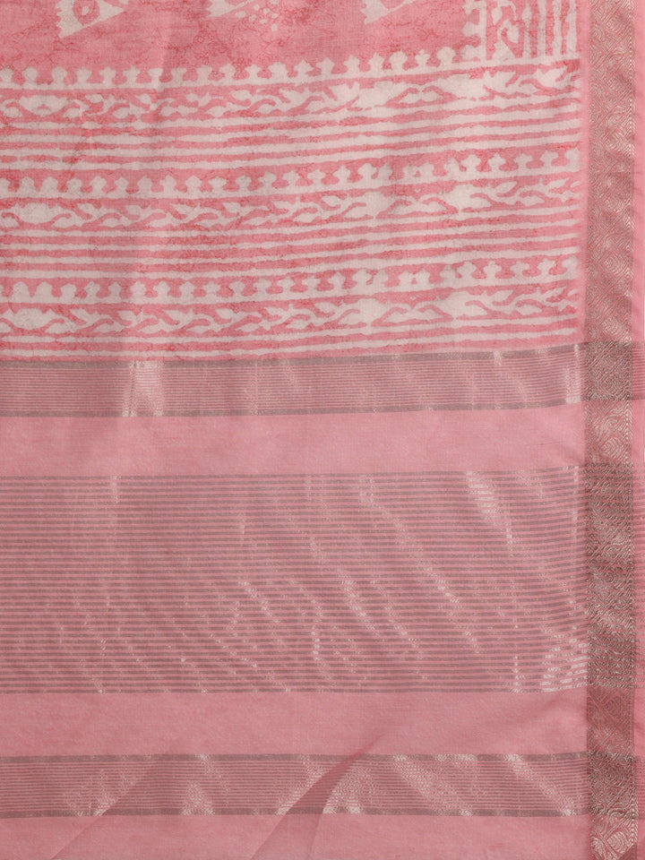 Pink Printed Silk Blend Saree With Unstitched Blouse Piece - Libas