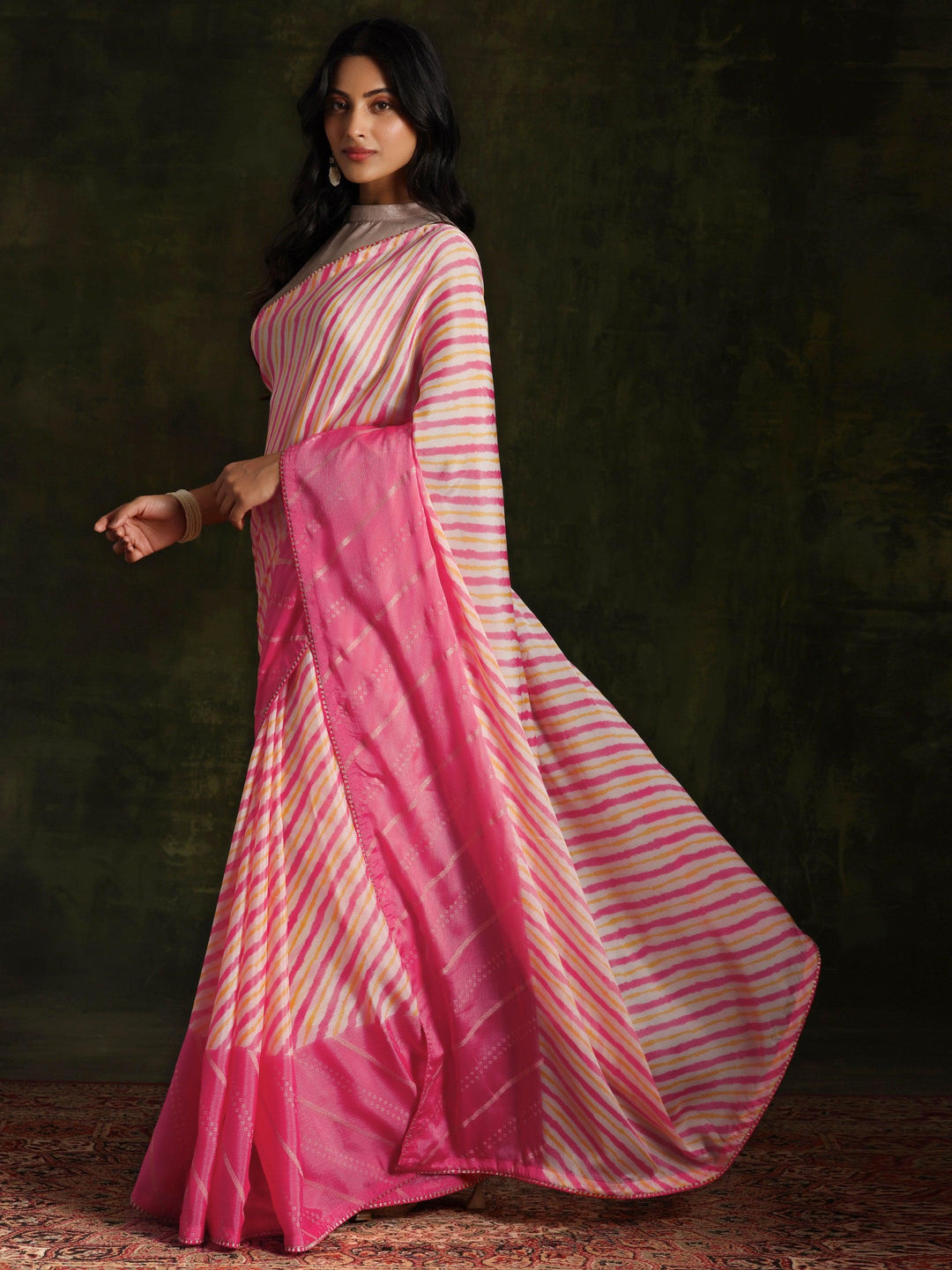 Pink Printed Silk Blend Saree With Unstitched Blouse Piece - Libas 