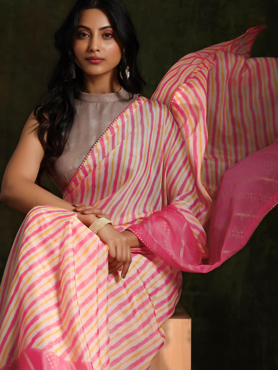 Pink Printed Silk Blend Saree With Unstitched Blouse Piece - Libas 