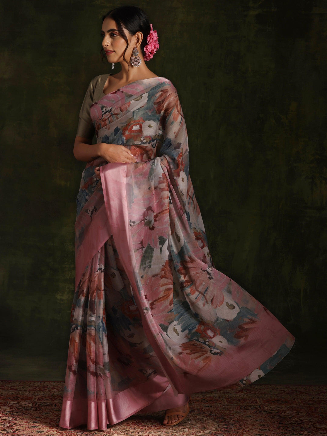 Pink Printed Silk Blend Saree With Unstitched Blouse Piece - Libas 