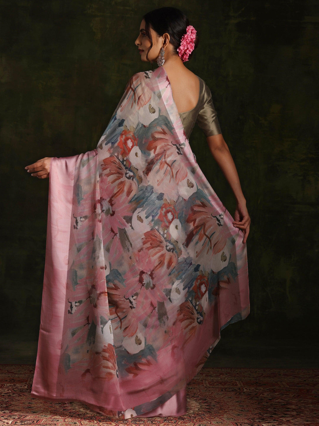 Pink Printed Silk Blend Saree With Unstitched Blouse Piece - Libas 