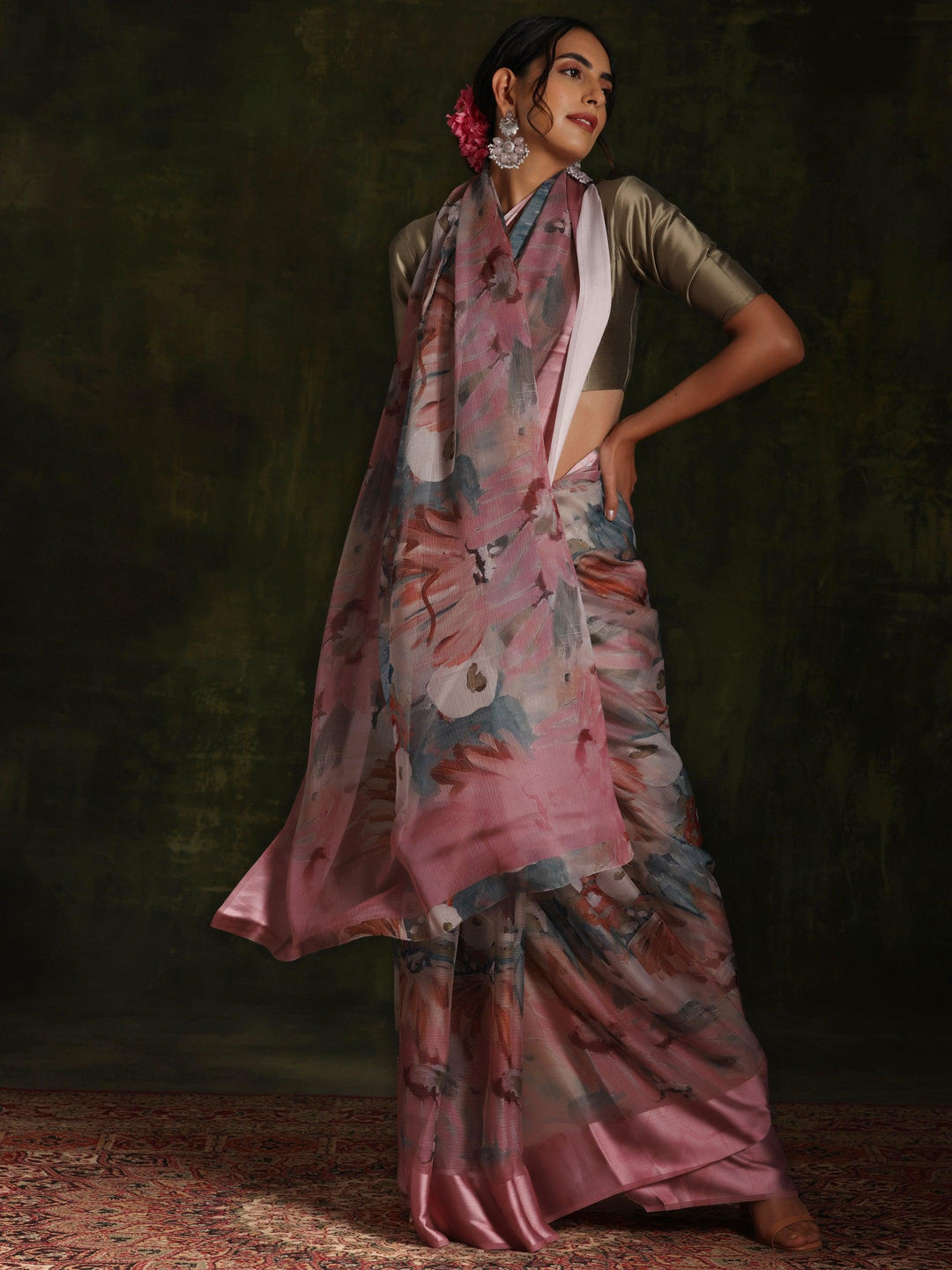 Pink Printed Silk Blend Saree With Unstitched Blouse Piece - Libas 