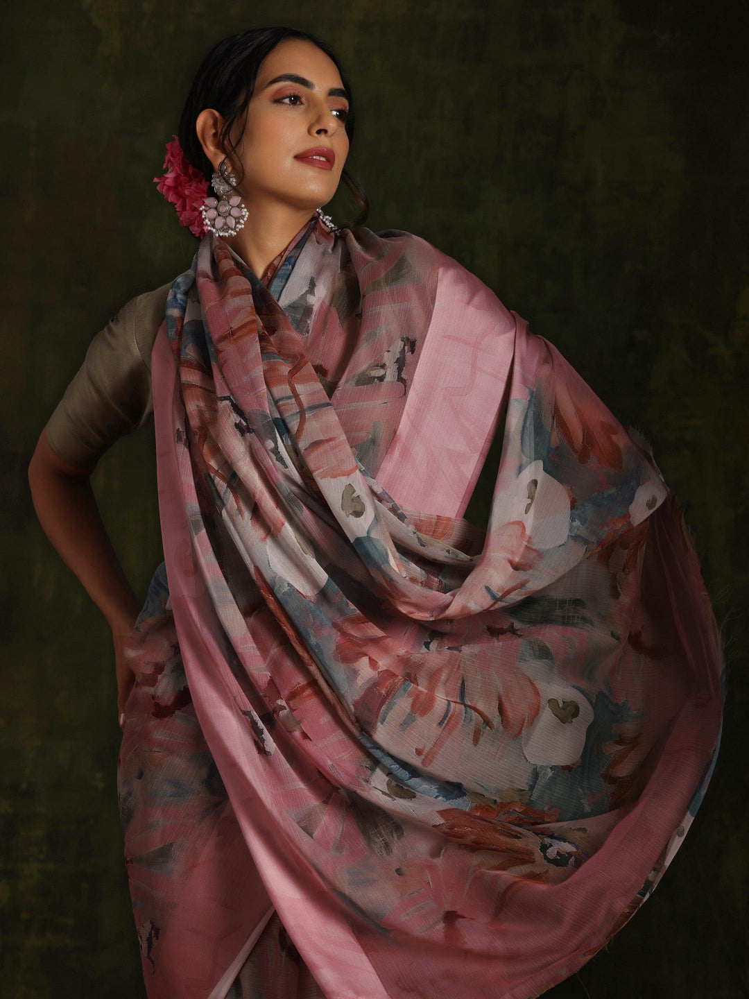 Pink Printed Silk Blend Saree With Unstitched Blouse Piece - Libas 