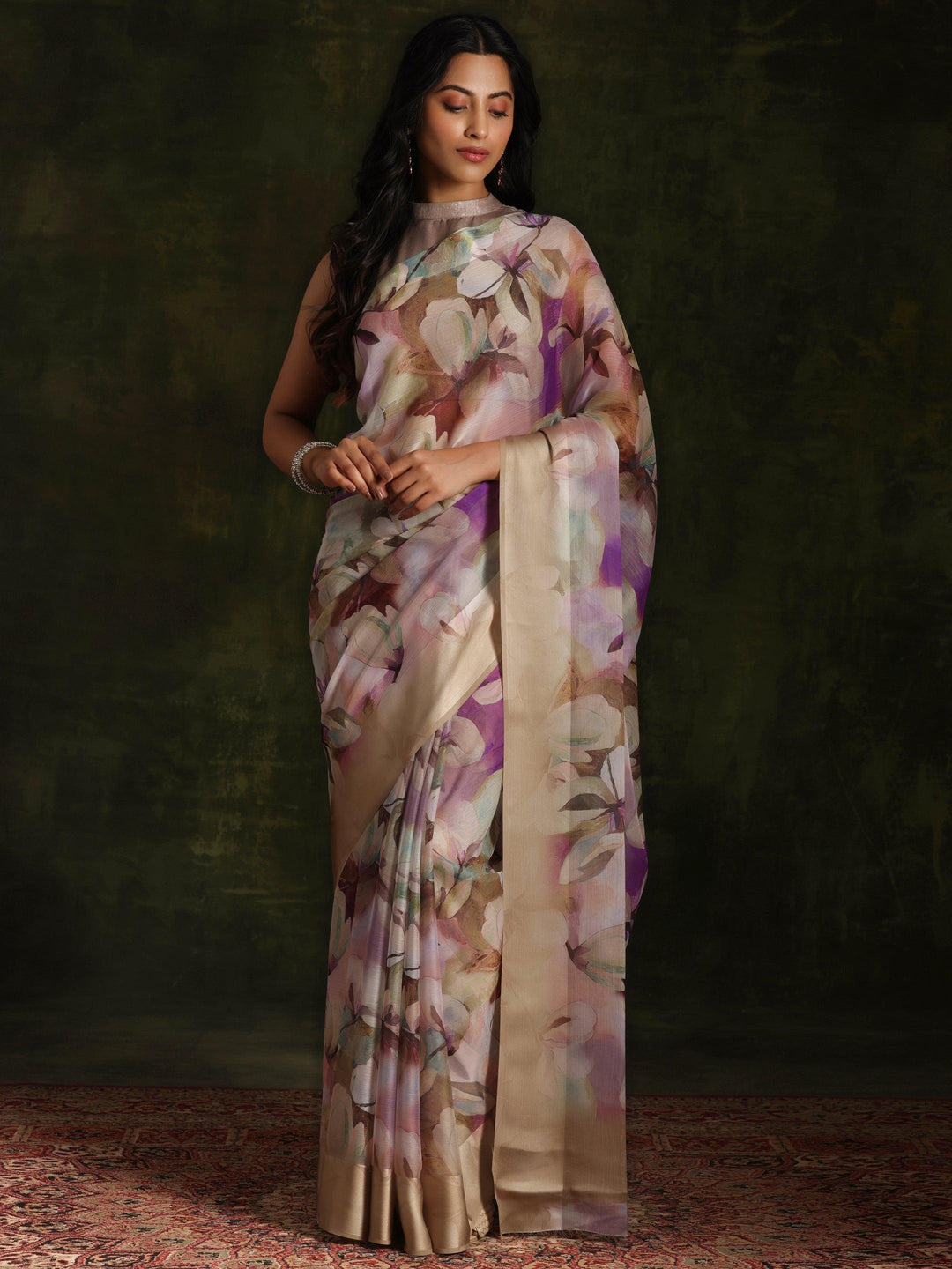 Olive Printed Silk Blend Saree With Unstitched Blouse Piece - Libas 