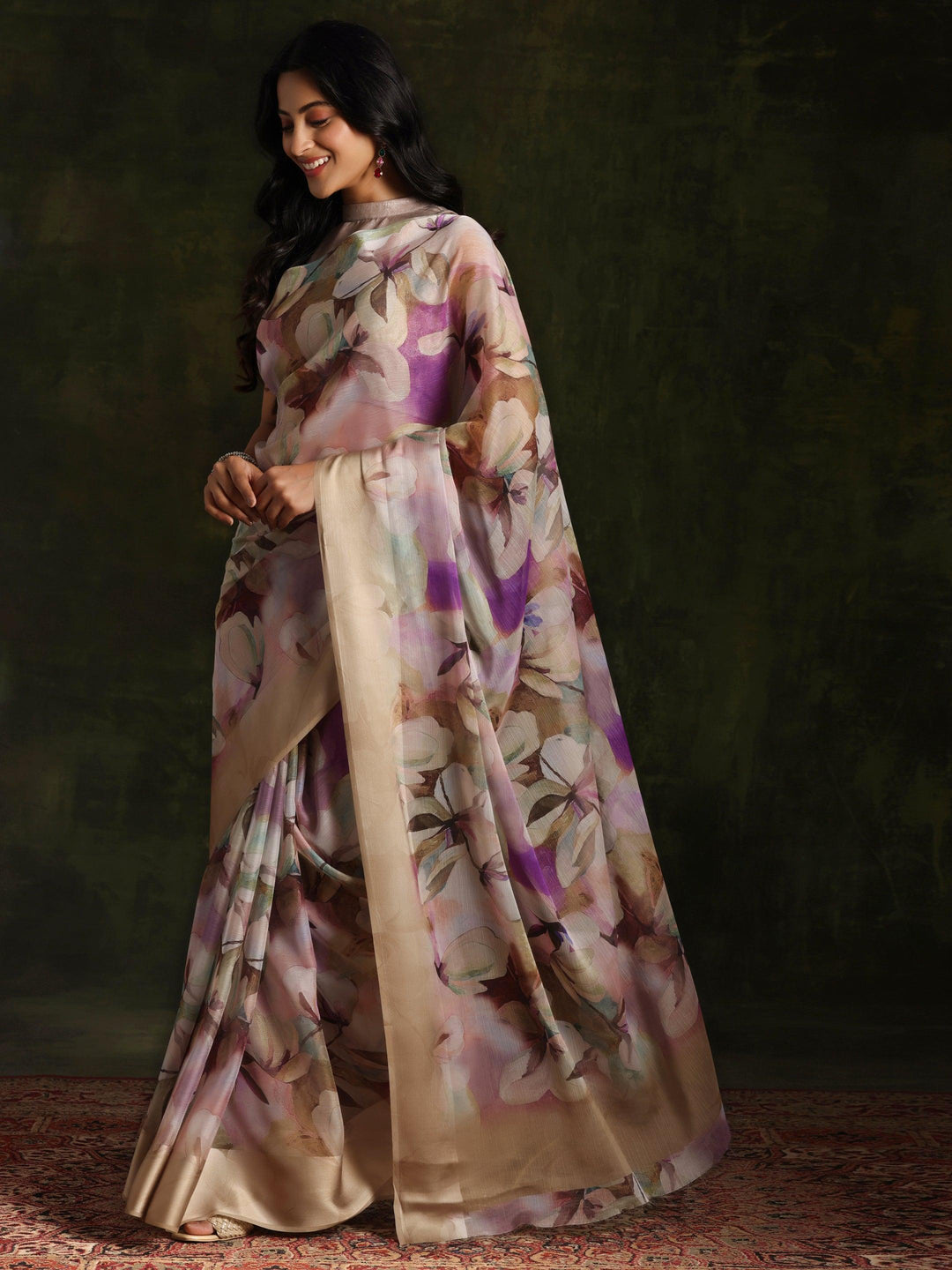 Olive Printed Silk Blend Saree With Unstitched Blouse Piece - Libas