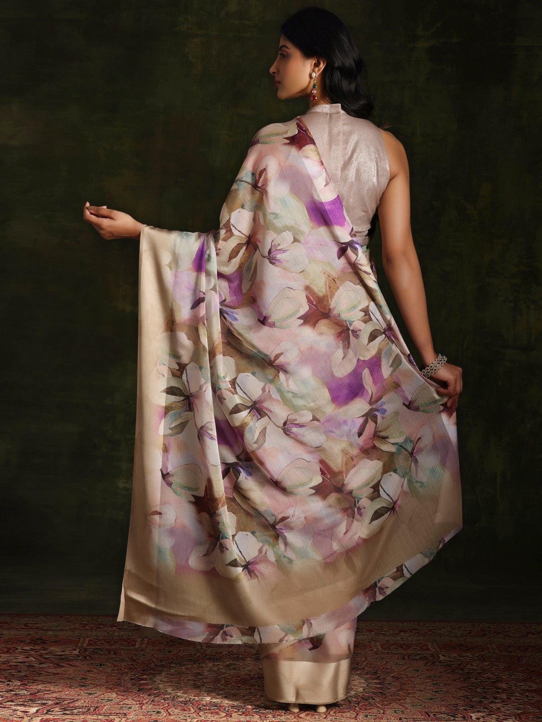 Olive Printed Silk Blend Saree With Unstitched Blouse Piece - Libas 