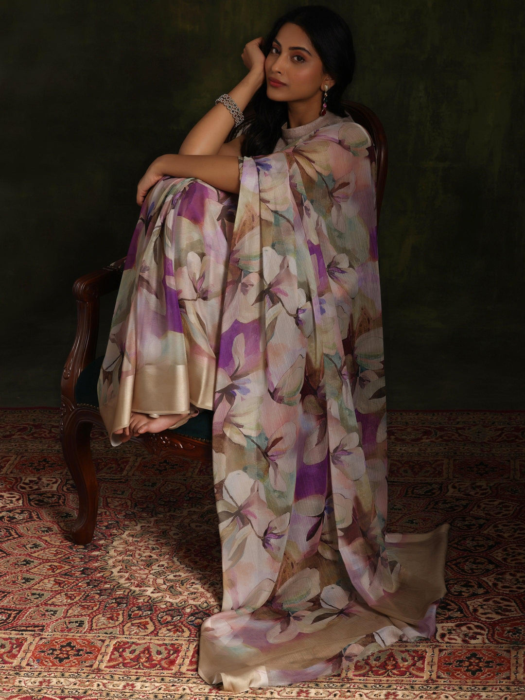 Olive Printed Silk Blend Saree With Unstitched Blouse Piece - Libas 