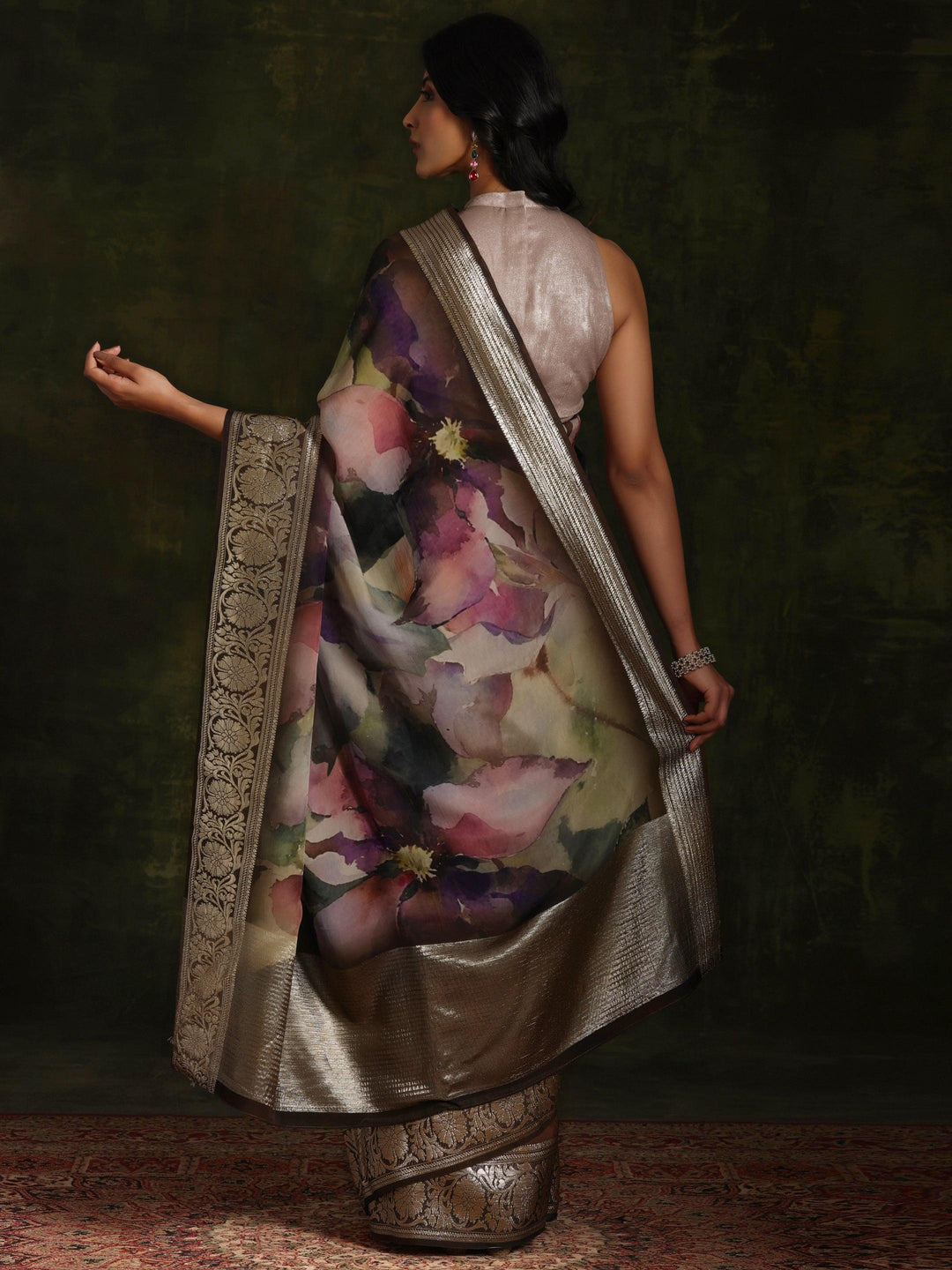 Multicoloured Printed Organza Saree With Unstitched Blouse Piece - Libas