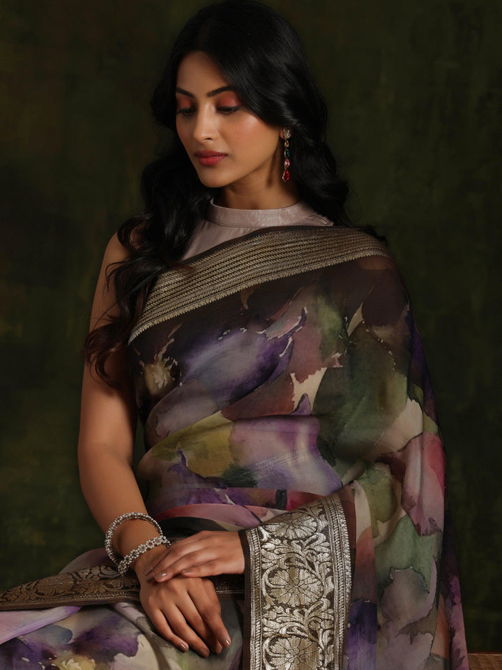 Multicoloured Printed Organza Saree With Unstitched Blouse Piece - Libas