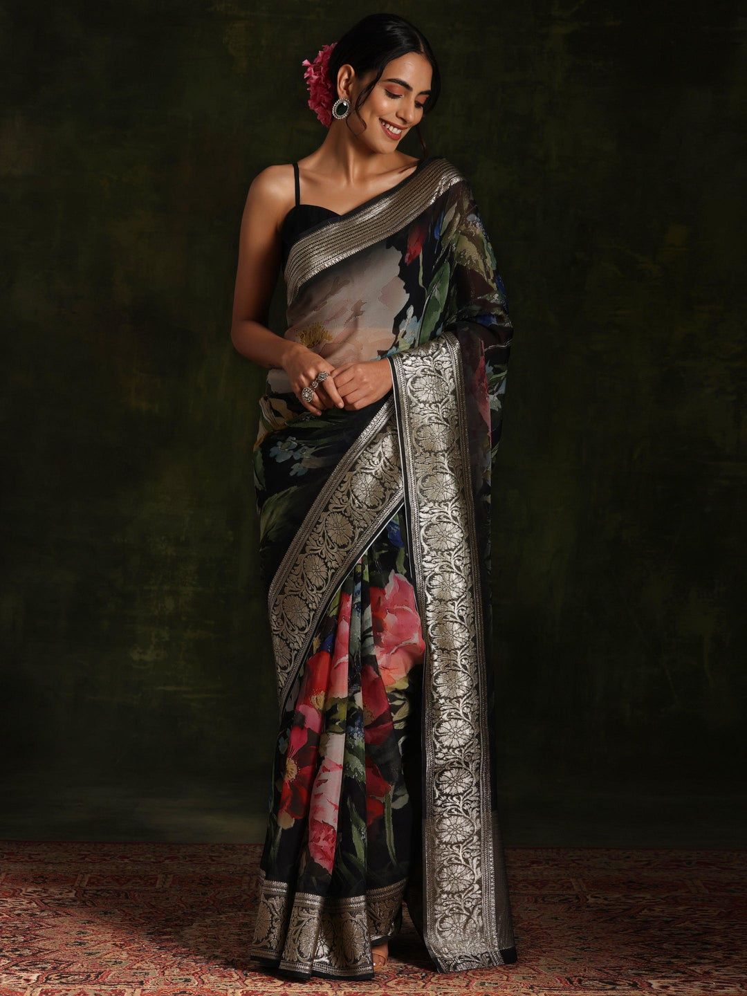 Black Printed Organza Saree With Unstitched Blouse Piece - Libas 