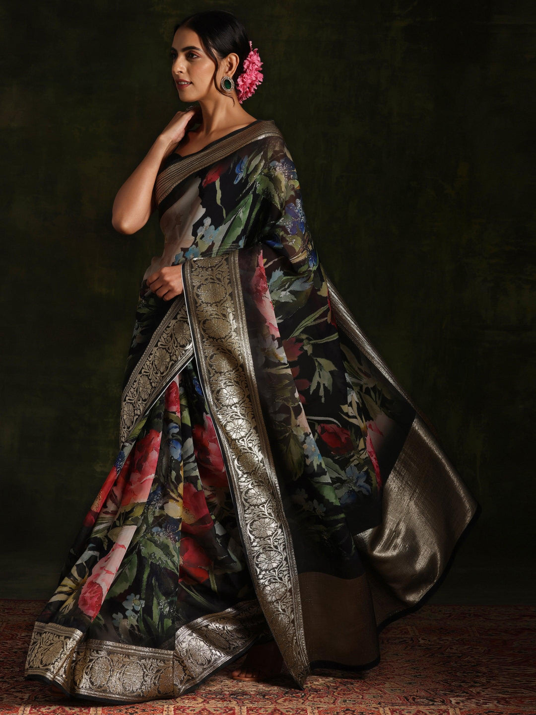 Black Printed Organza Saree With Unstitched Blouse Piece - Libas 