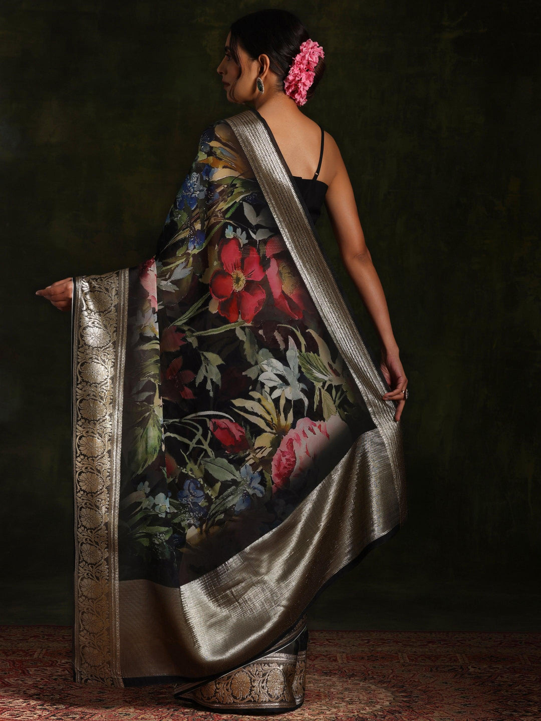 Black Printed Organza Saree With Unstitched Blouse Piece - Libas