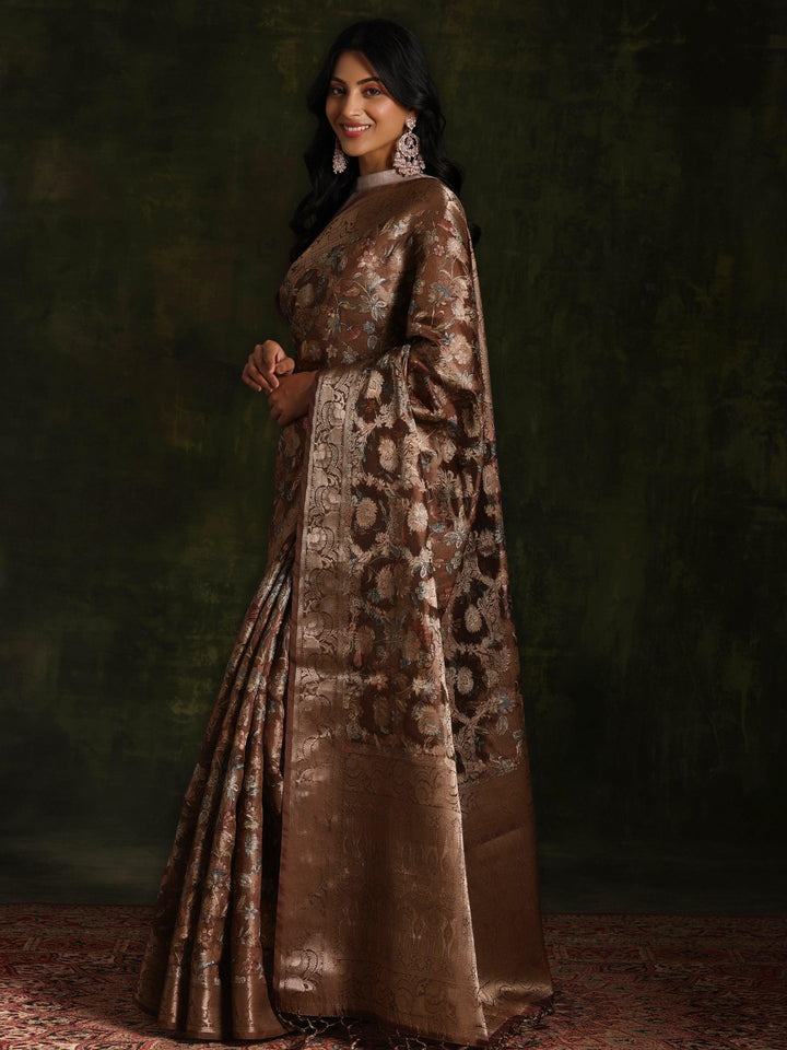 Brown Woven Design Brocade Saree With Unstitched Blouse Piece - Libas