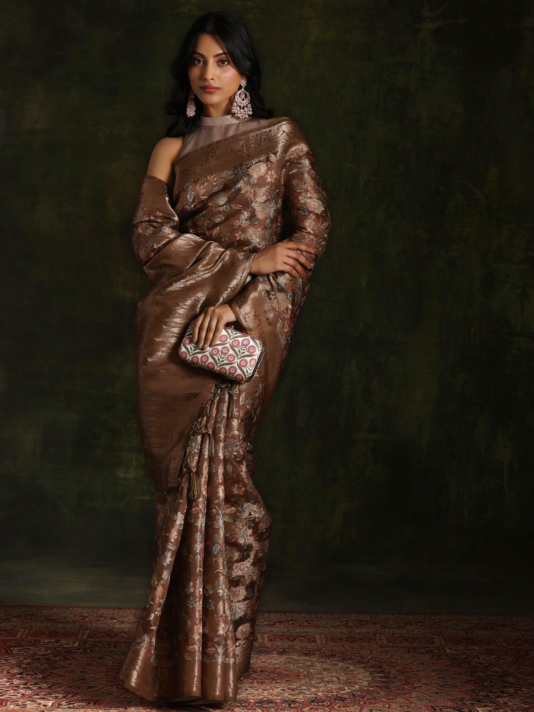 Brown Woven Design Brocade Saree With Unstitched Blouse Piece - Libas