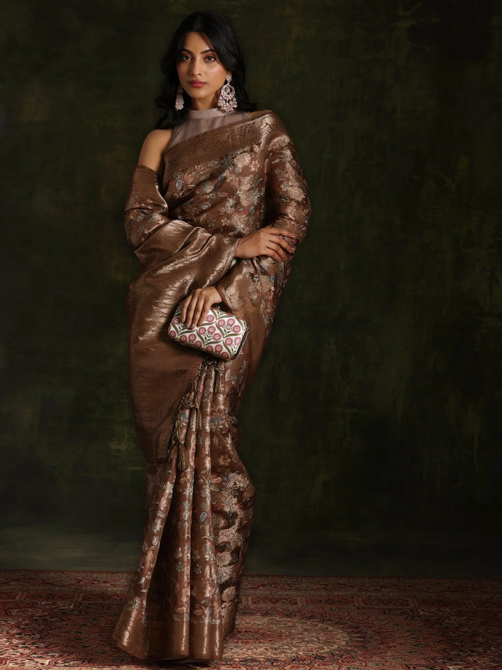 Brown Woven Design Brocade Saree With Unstitched Blouse Piece - Libas