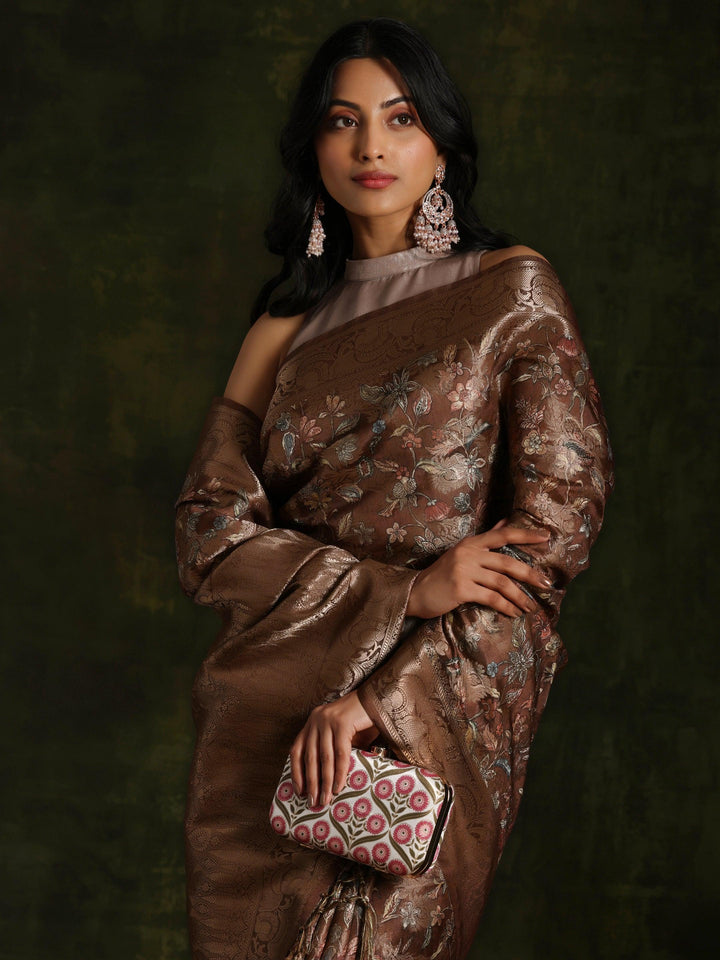 Brown Woven Design Brocade Saree With Unstitched Blouse Piece - Libas