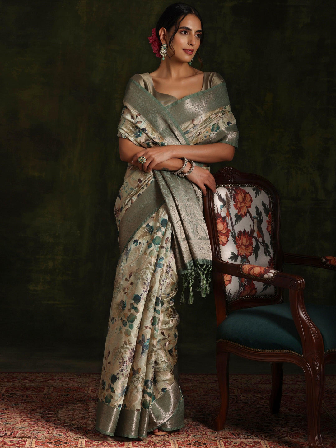 Green Woven Design Brocade Saree With Unstitched Blouse Piece - Libas