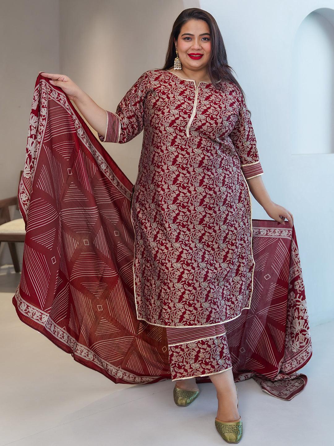 Plus Size Red Printed Silk Blend Straight Suit With Dupatta - Libas