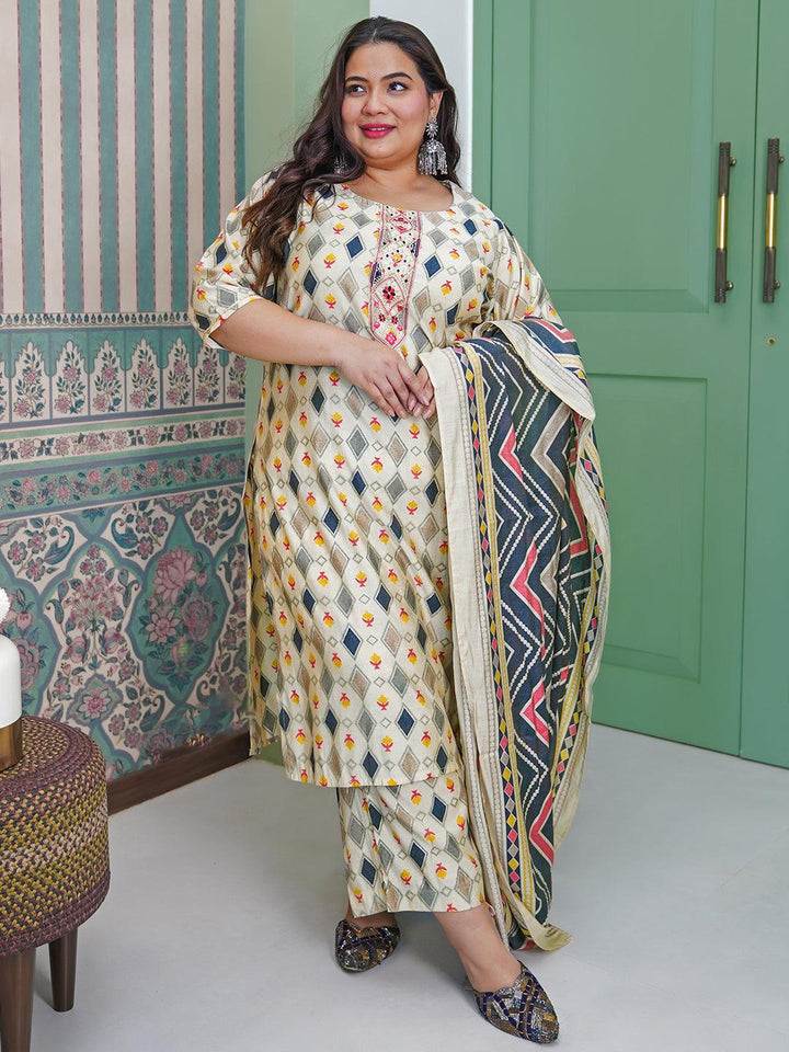 Plus Size Multicoloured Printed Silk Blend Straight Suit With Dupatta - Libas