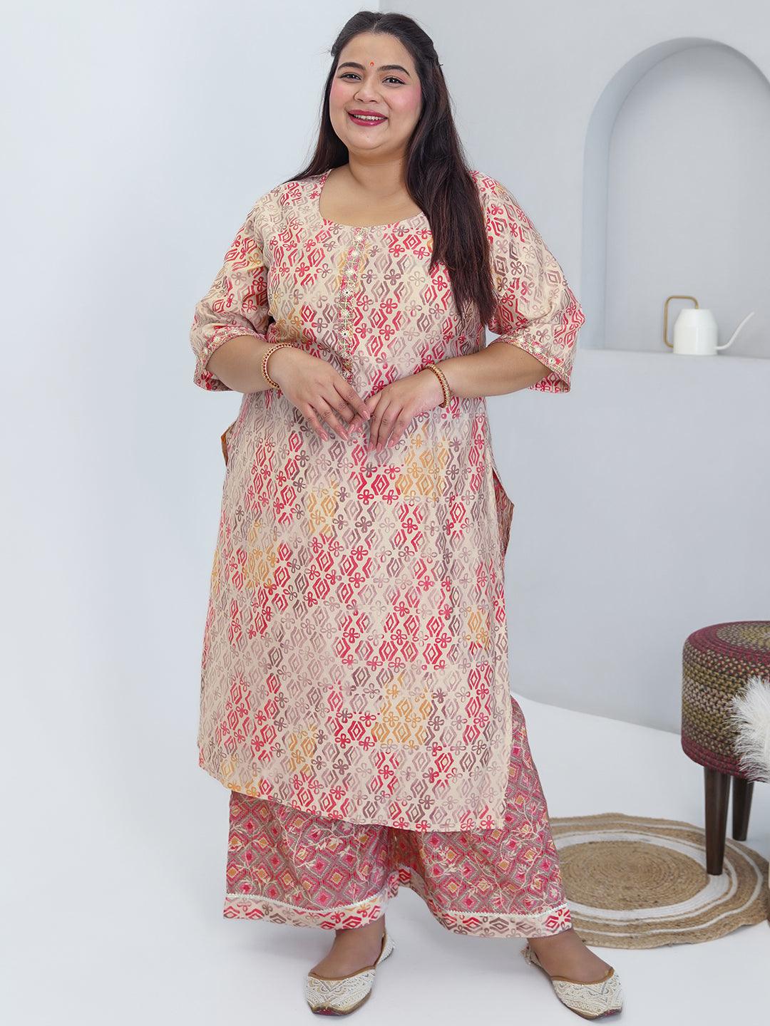 Plus Size Peach Printed Silk Blend Straight Kurta Set - Libas