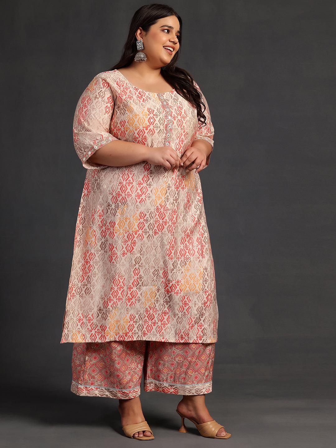 Plus Size Peach Printed Silk Blend Straight Kurta Set - Libas