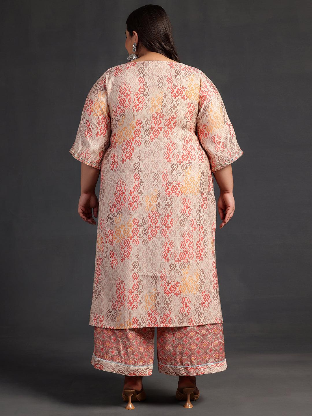 Plus Size Peach Printed Silk Blend Straight Kurta Set - Libas