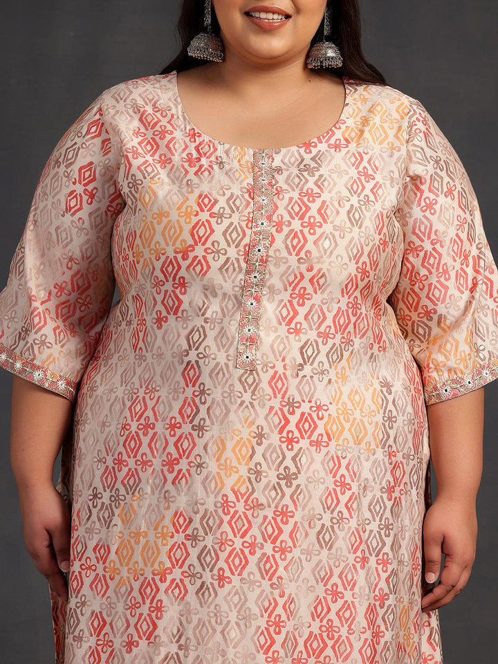 Plus Size Peach Printed Silk Blend Straight Kurta Set - Libas