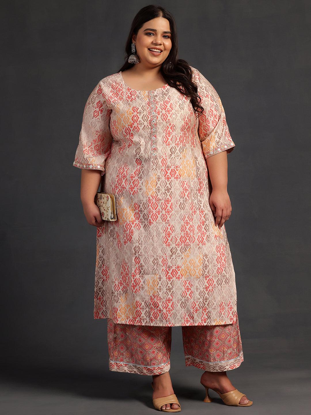 Plus Size Peach Printed Silk Blend Straight Kurta Set - Libas