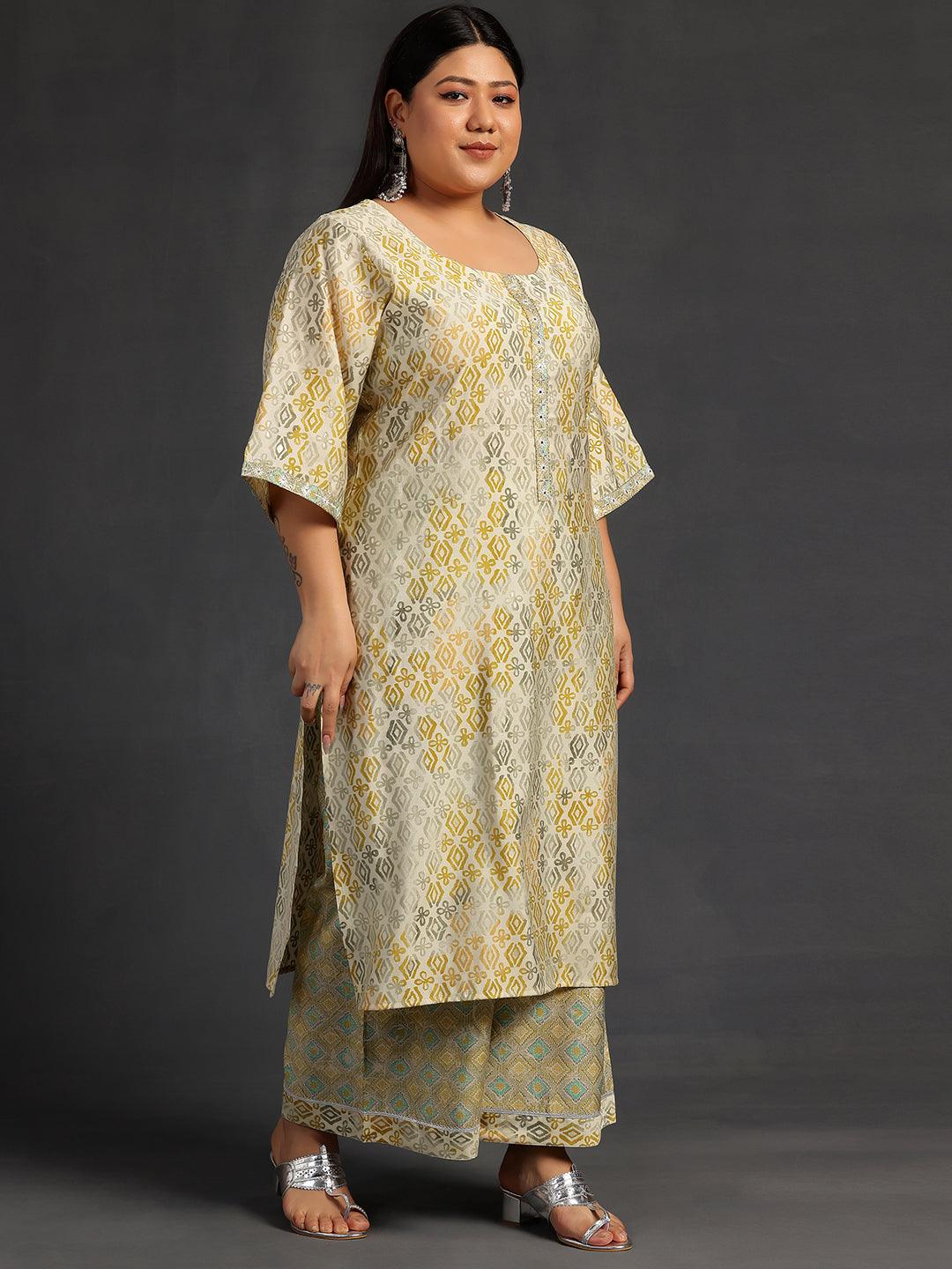 Plus Size Green Printed Silk Blend Straight Kurta Set - Libas