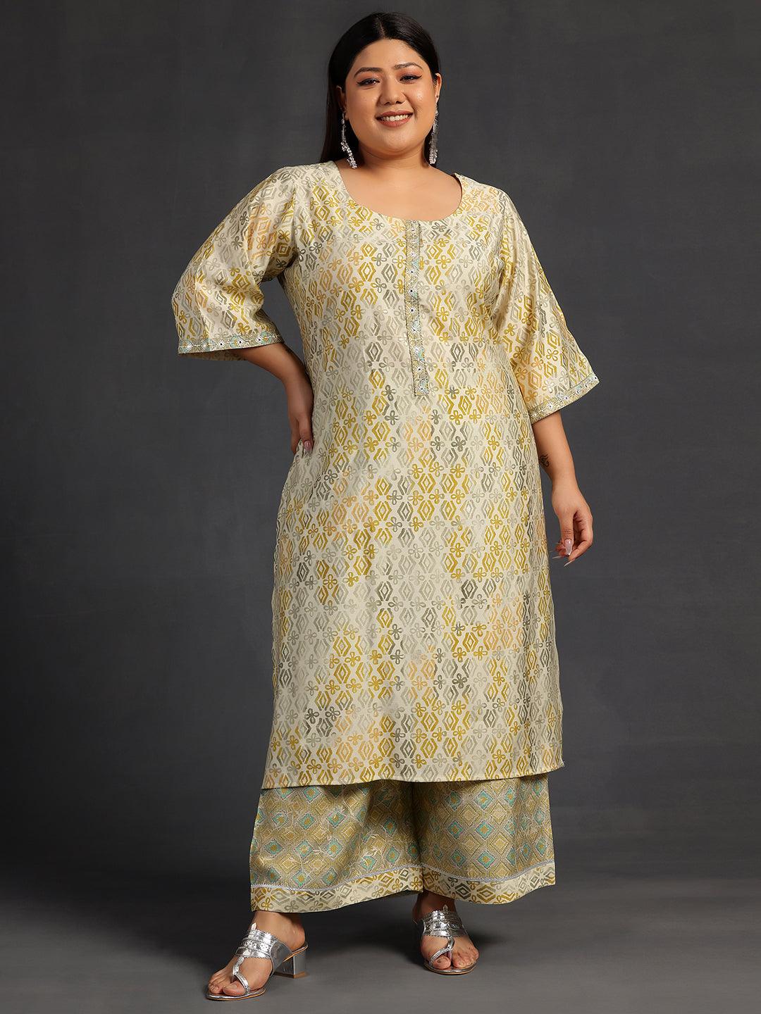 Plus Size Green Printed Silk Blend Straight Kurta Set - Libas