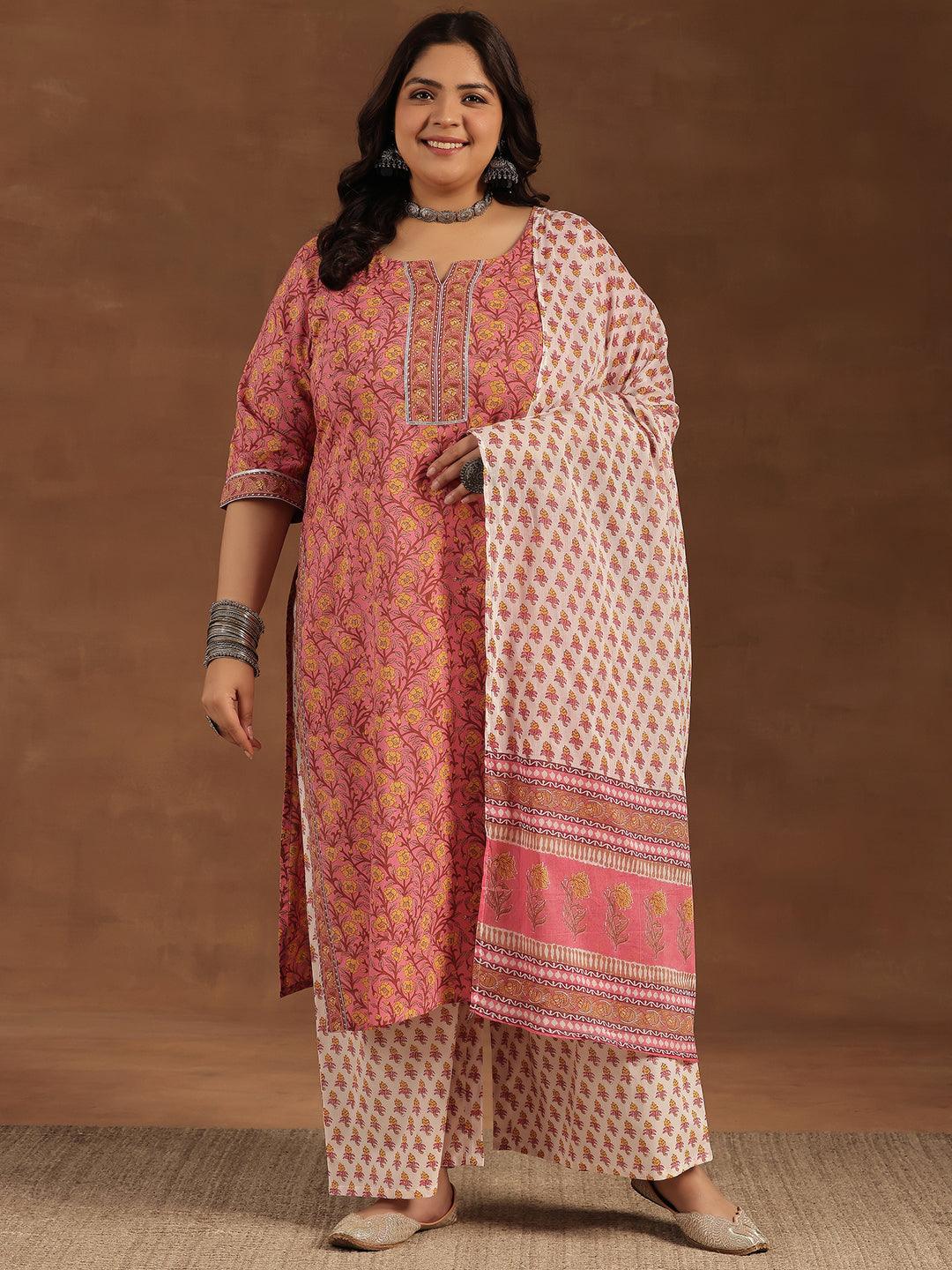 Plus Size Pink Printed Cotton Straight Suit With Dupatta